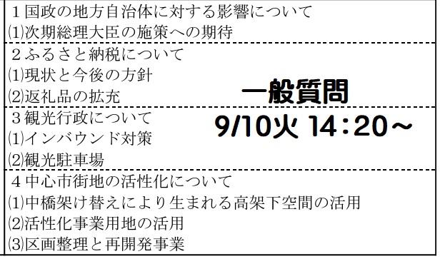 【議会】令和6年第4回市議会定例会 一般質問 ～次期総理大臣の施策への期待他