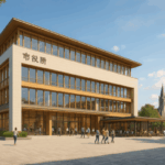 市役所と賑やかな広場